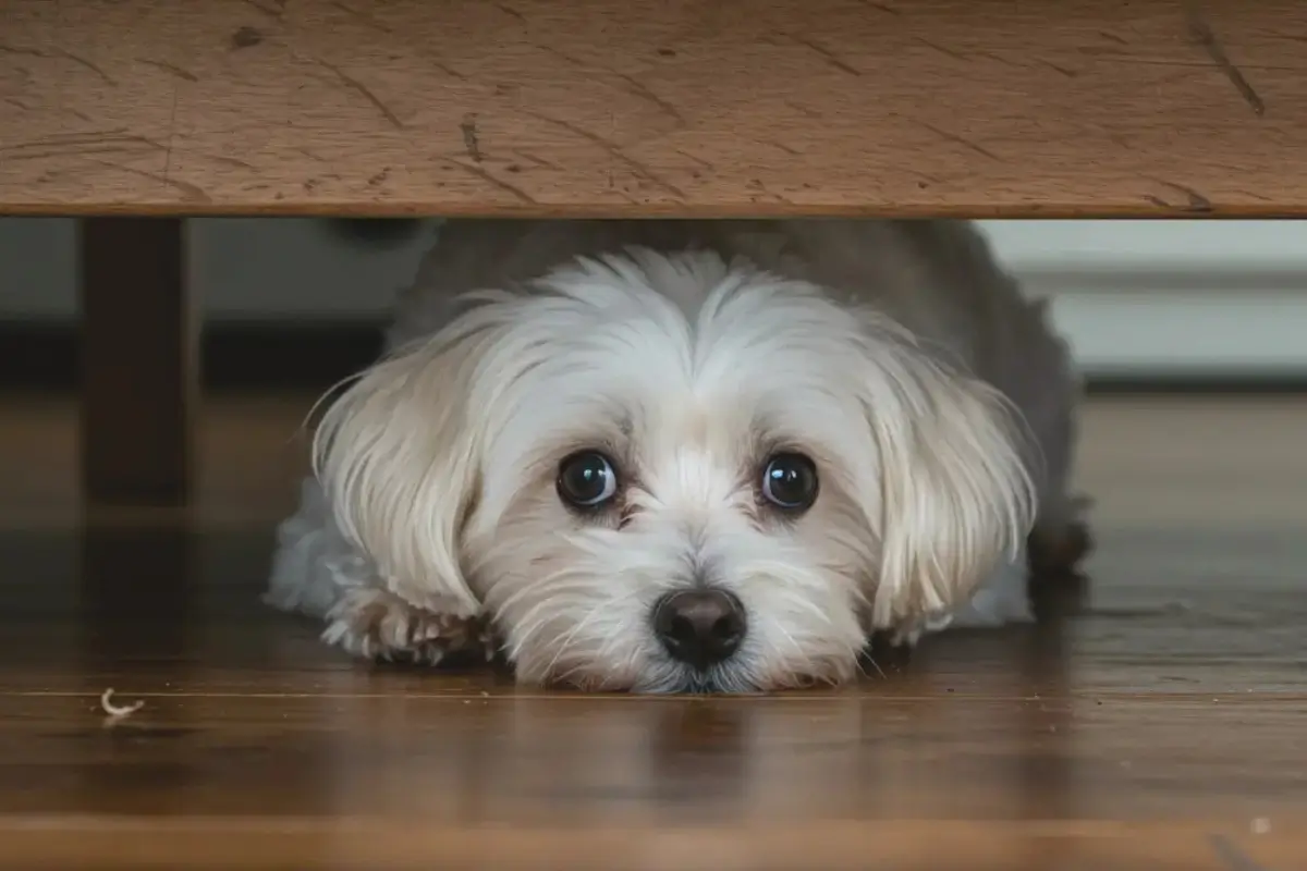 Ängstlicher Hund unter der Bank