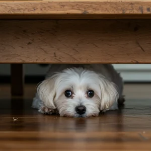 Kleiner Hund versteckt sich unter dem Tisch