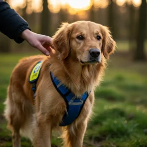 Hund mit Brustgeschirr und Blindenabzeichen