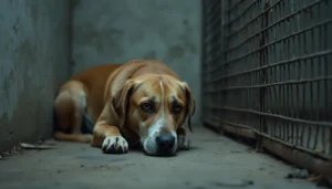Hund liegt alleine in einem Zwinger