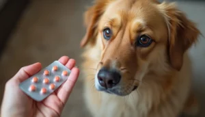 Hund schaut auf Tablettenblister in der Hand