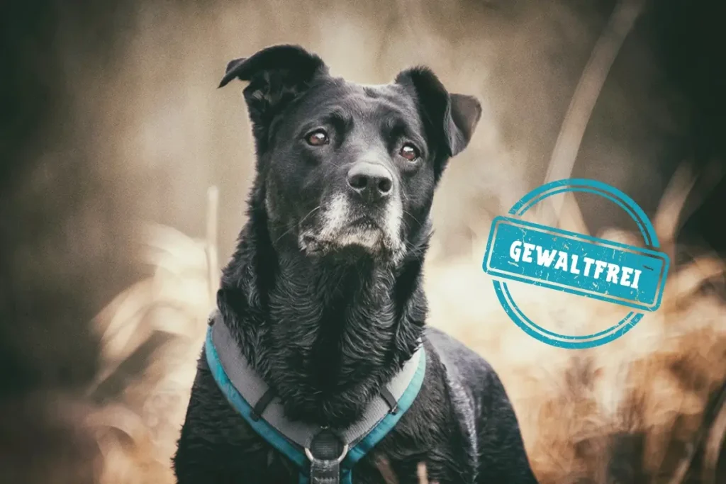 Tierschutzhund Happy mit Sticker "gewaltfrei"