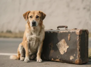 Tierschutzhund mit gepacktem Koffer