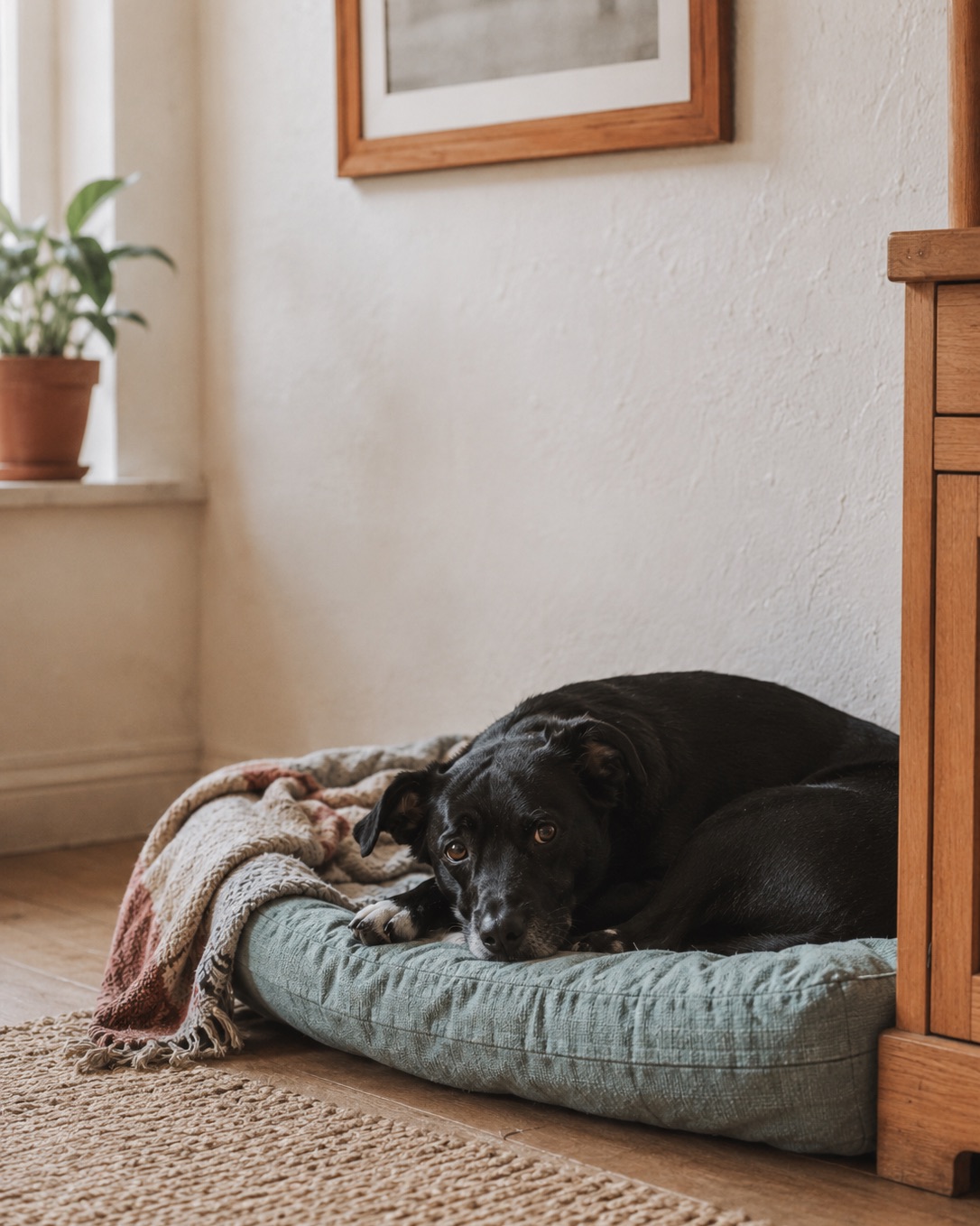 Ein schwarzer Hund liegt entspannt auf einem Kissen in einem hellen Zimmer