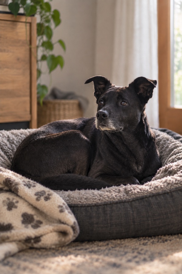Happy, Daniela Loibls Hund aus dem Tierschutz, liegt angespannt und wachsam in seinem Körbchen